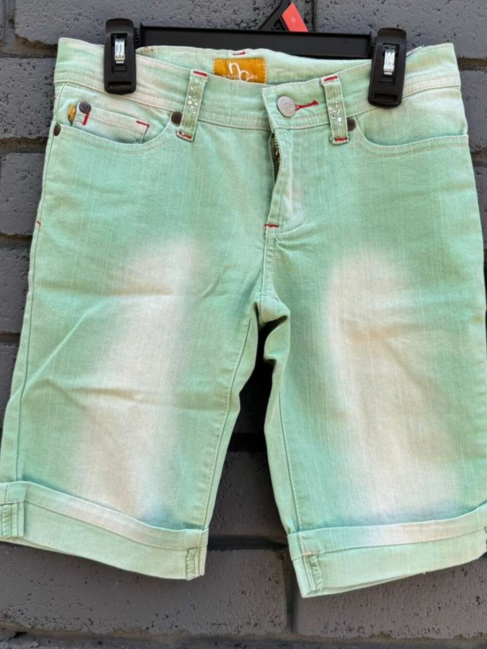 Y2K VTG Denim Cuffed Bermuda Jean Mint Green Rhinestone Bedazzled 9-12 Years